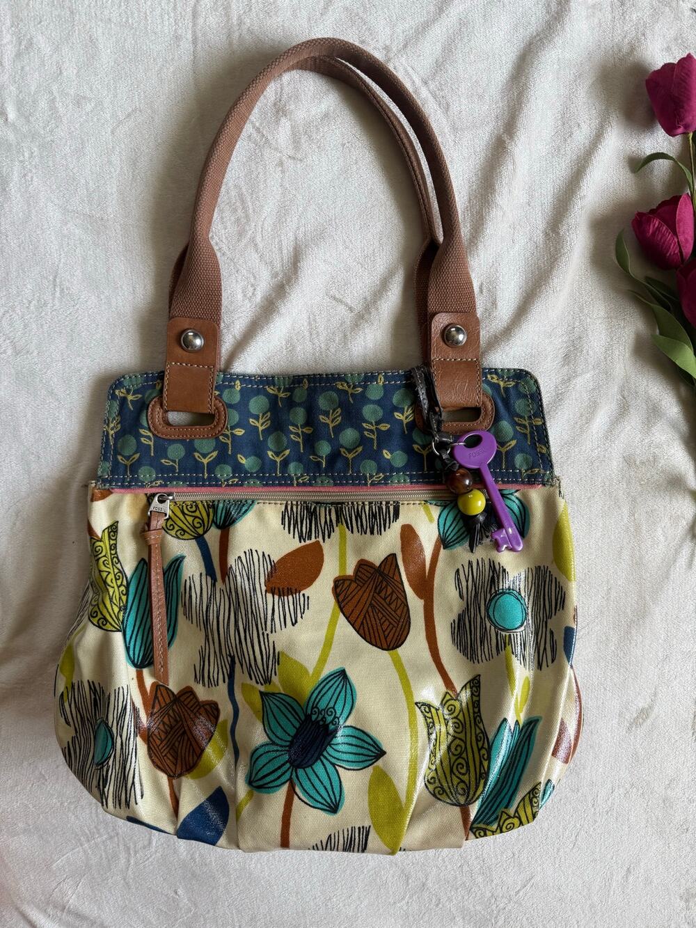 Fossil Key-Per Coated Canvas Tote Handbag Retro Floral
